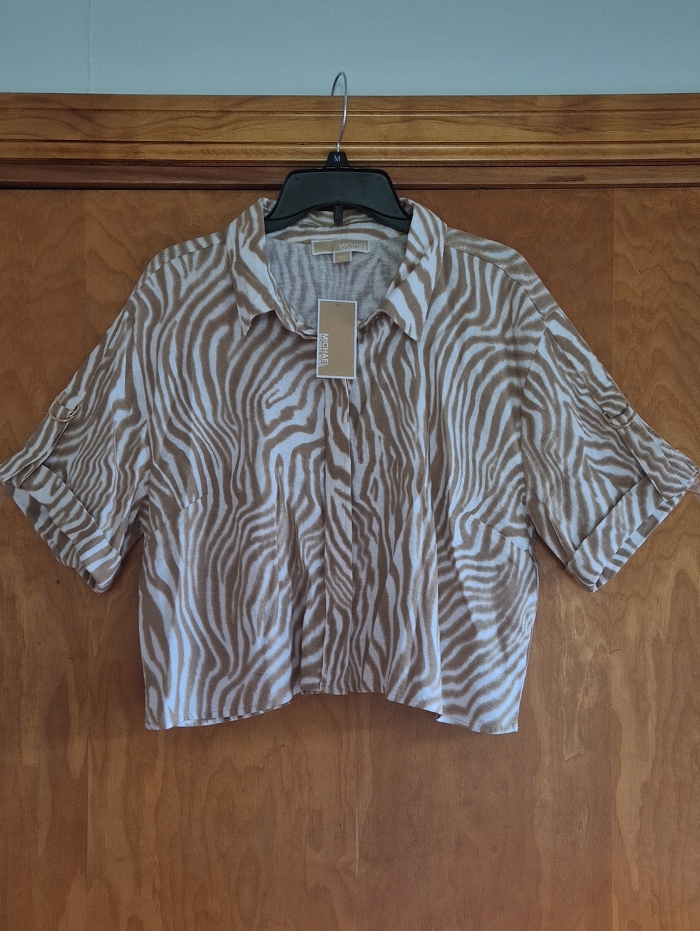 MICHAEL Michael Kors Women’s Linen Blend Woven Zebra-Print Crop Shirt, size XL